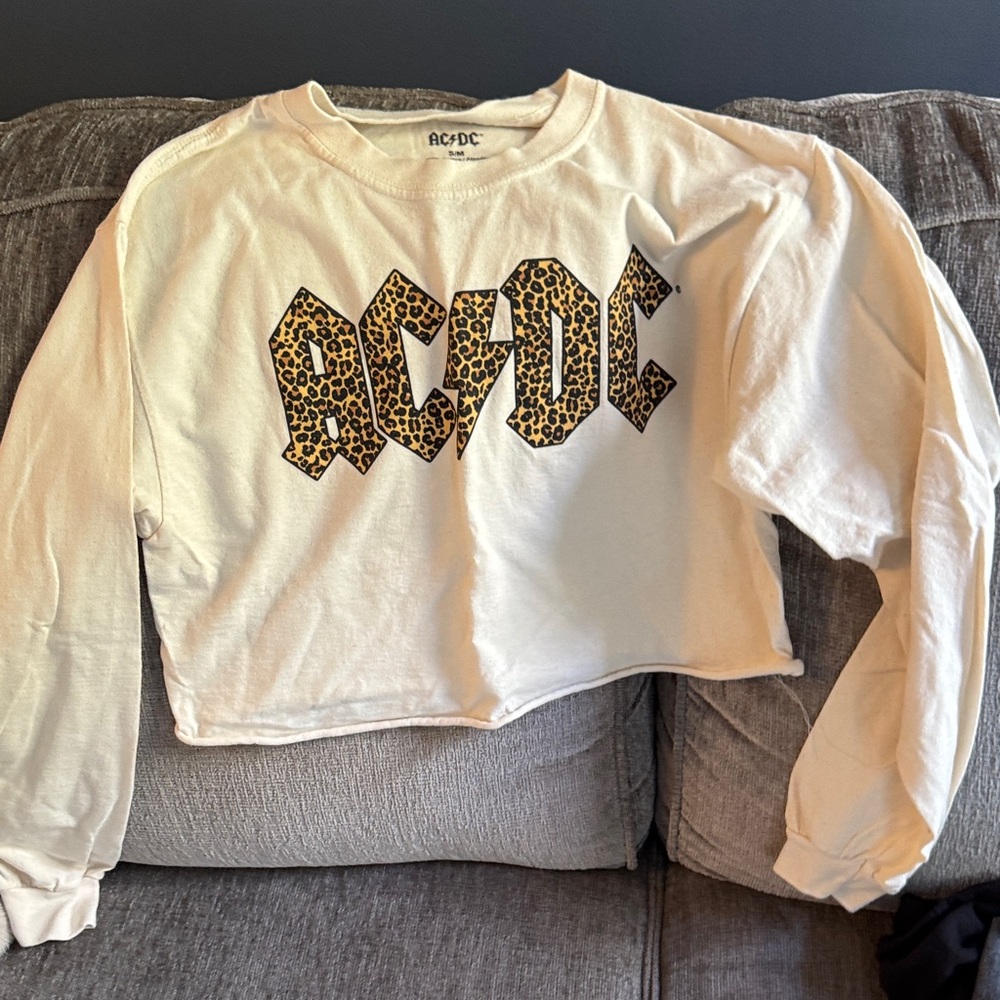 AC/DC White and Leopard Print Cropped Sweatshirt